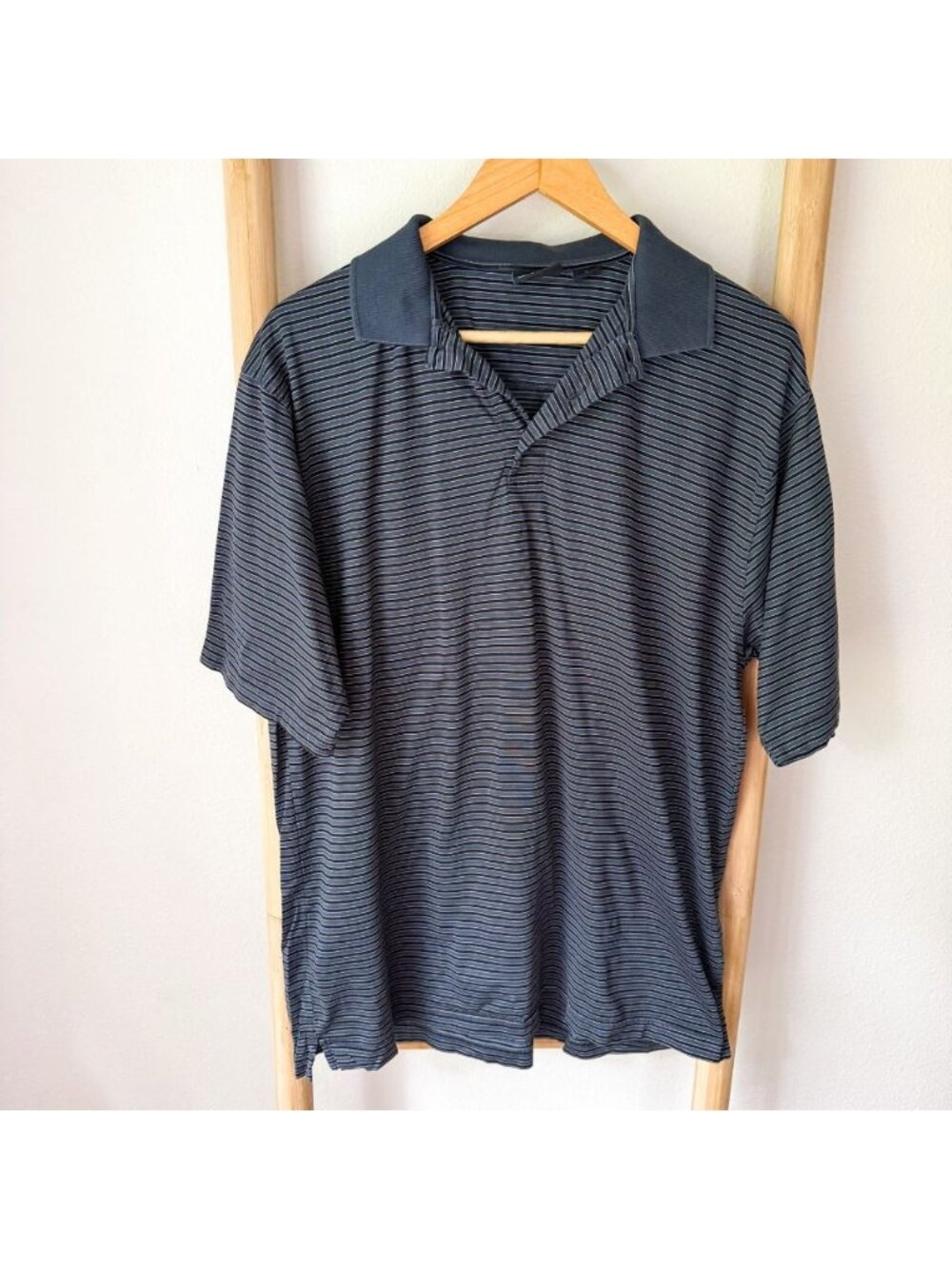 Mercedes-Benz Striped Polo Shirt Gray Blue Black Short Sleeve Cotton Men’s Large